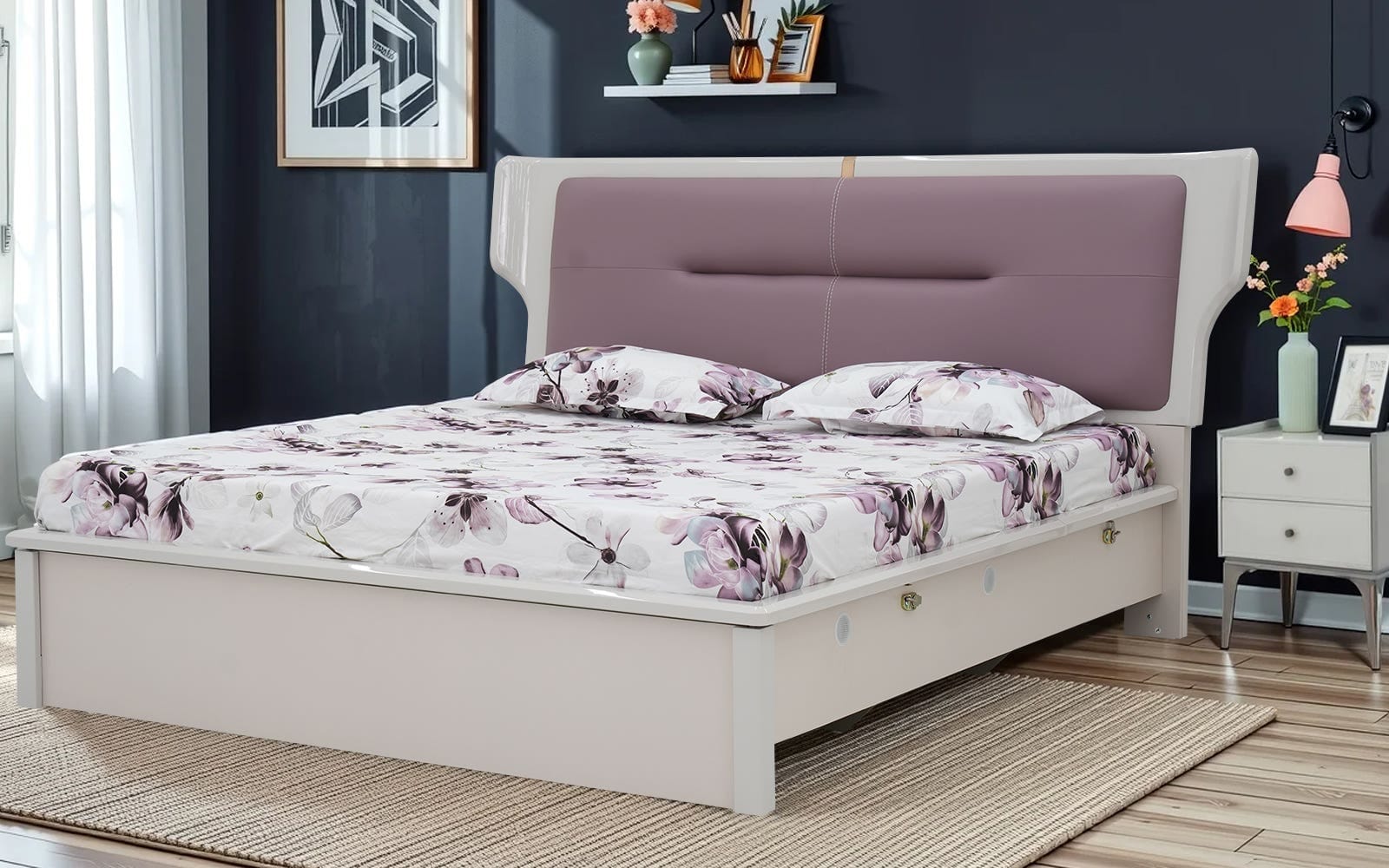 Royal Oak upholstered storage bed styled in a modern navy bedroom