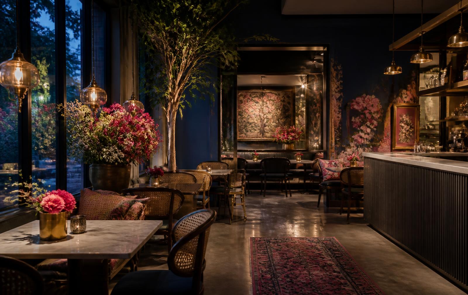 Elegant contemporary cafe interior with floral details
