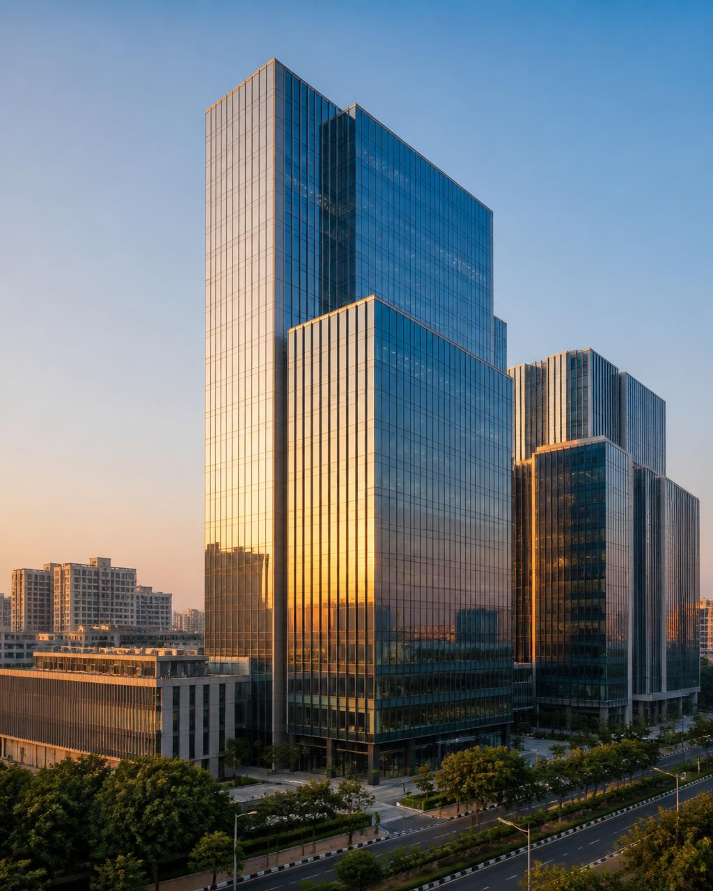 Modern commercial office towers at dusk