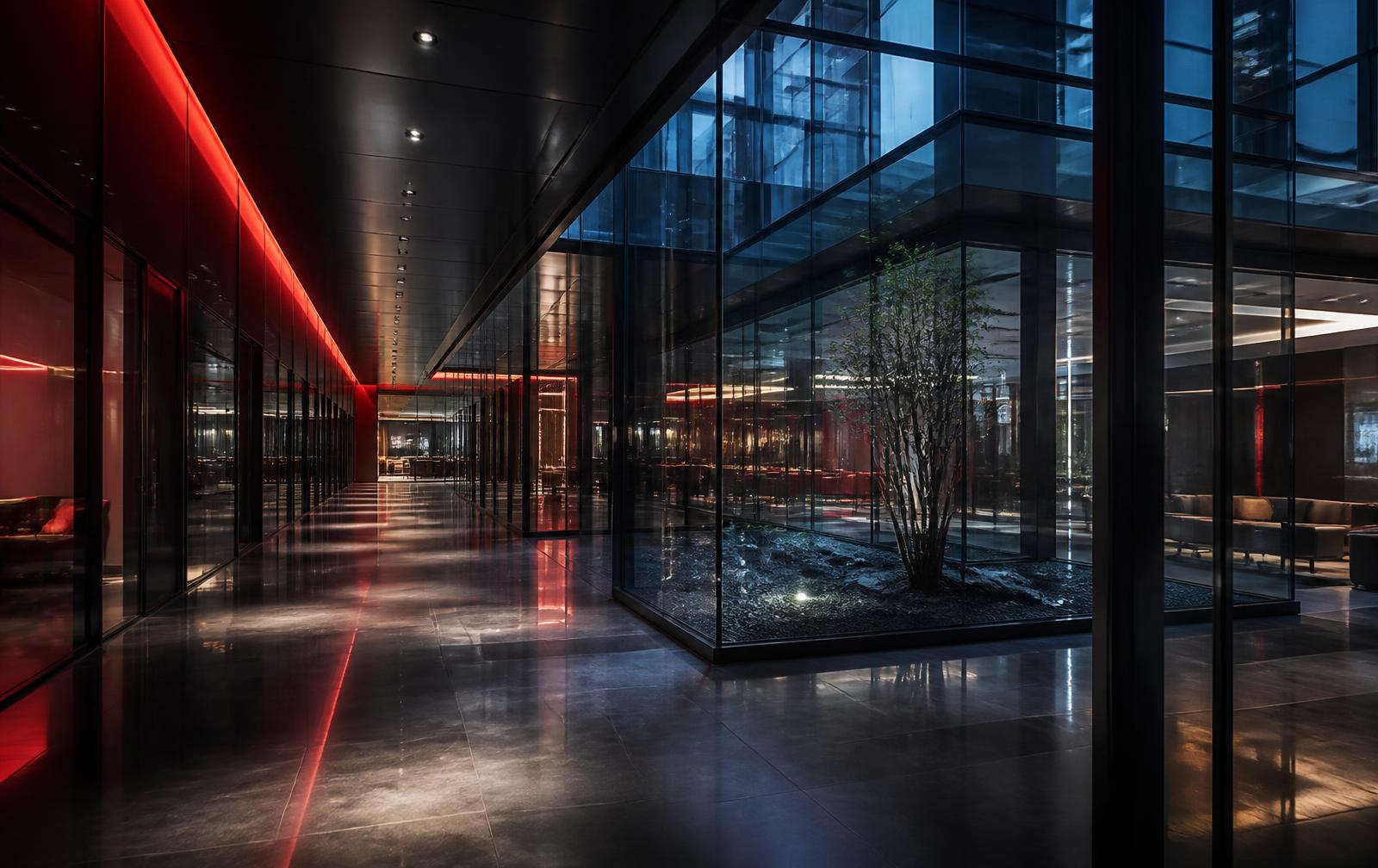 Glass office corridor in a commercial building