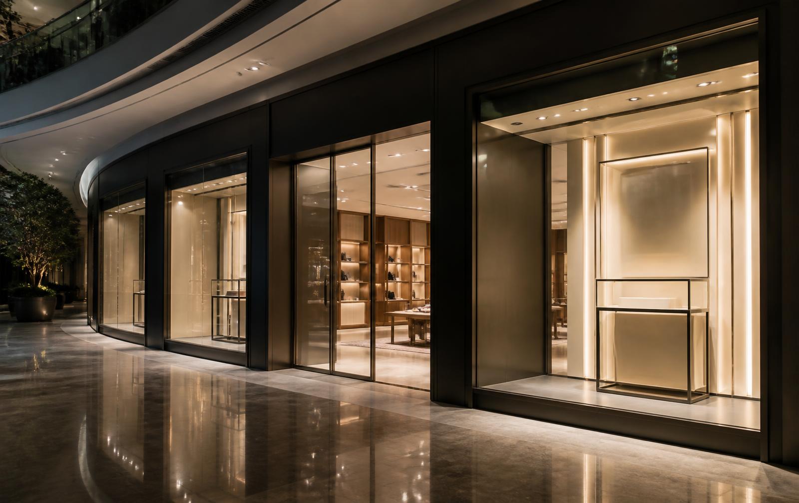 Premium retail storefront with lit display windows in a shopping mall