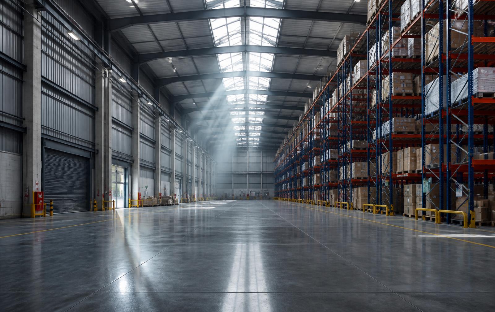Large modern warehouse interior with high racking and skylights